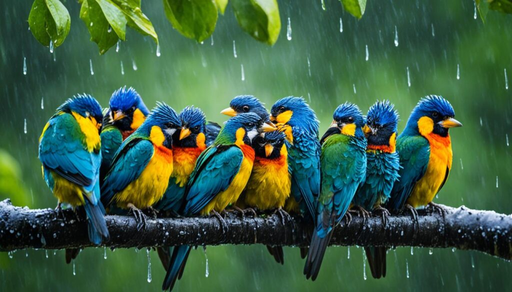 birds seeking shelter in rain