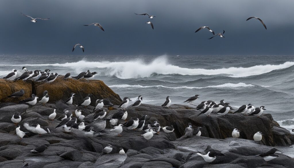 seabirds in rain