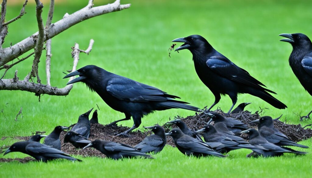 Crows foraging for worms