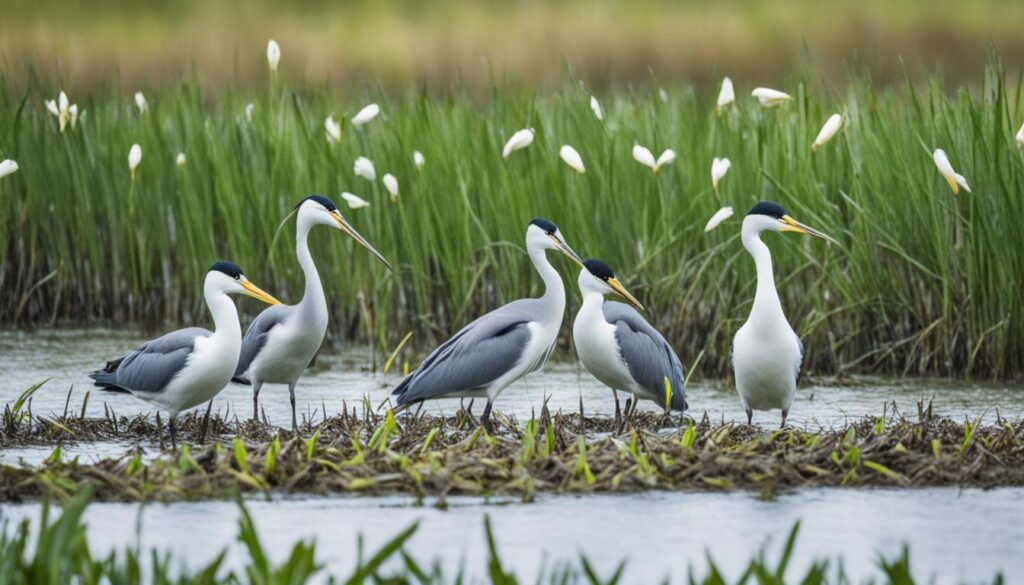 Flat-billed birds feeding in a wetland