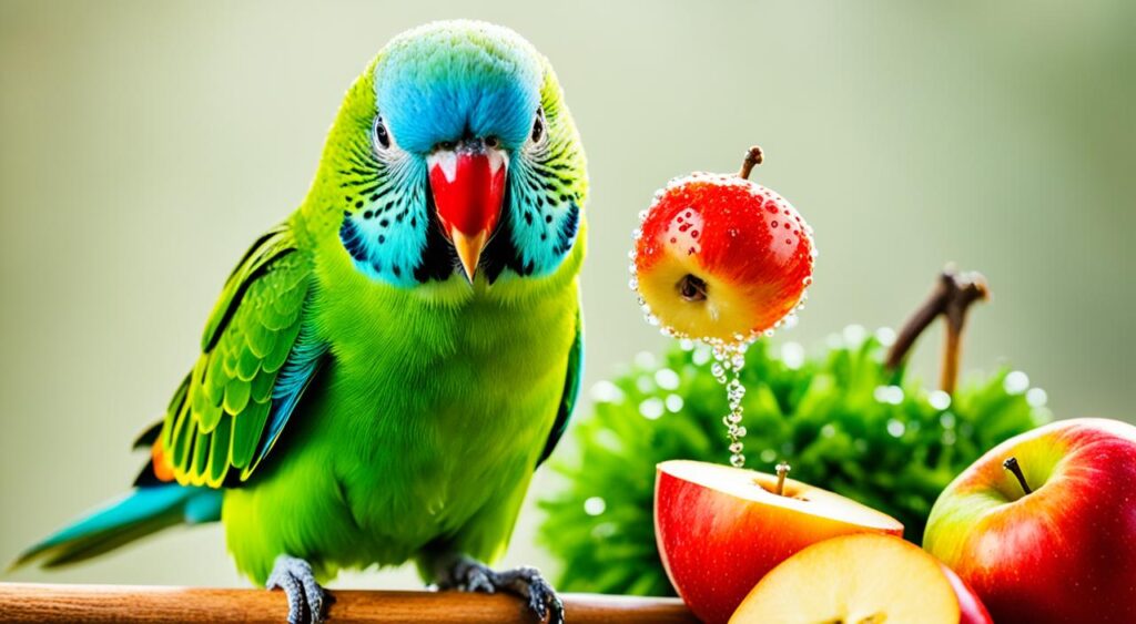 Parakeet Eating Apple Treat