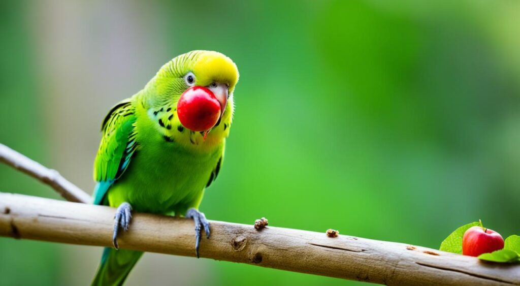 Parakeet eating apple