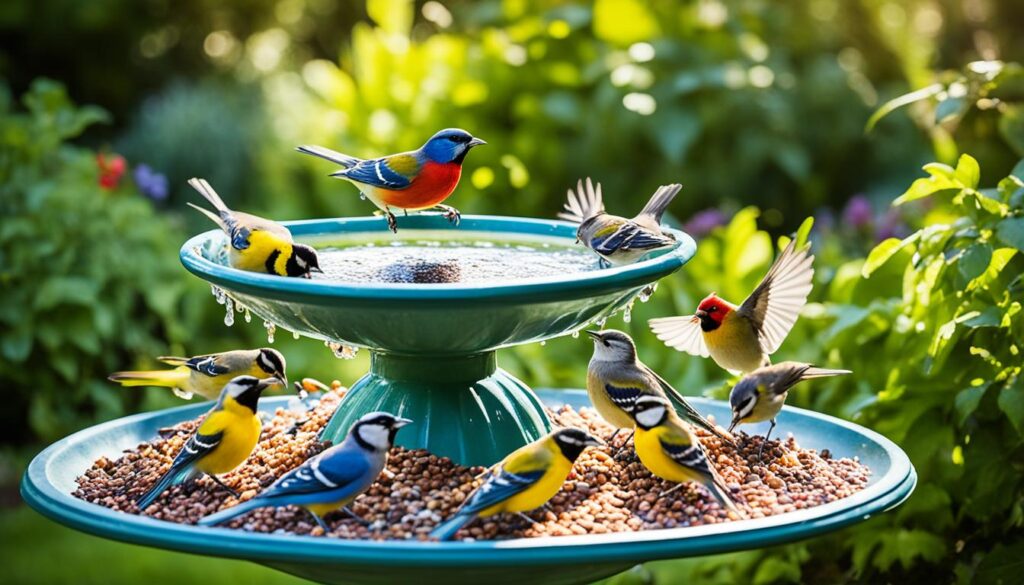 birdbaths and feeders attracting birds