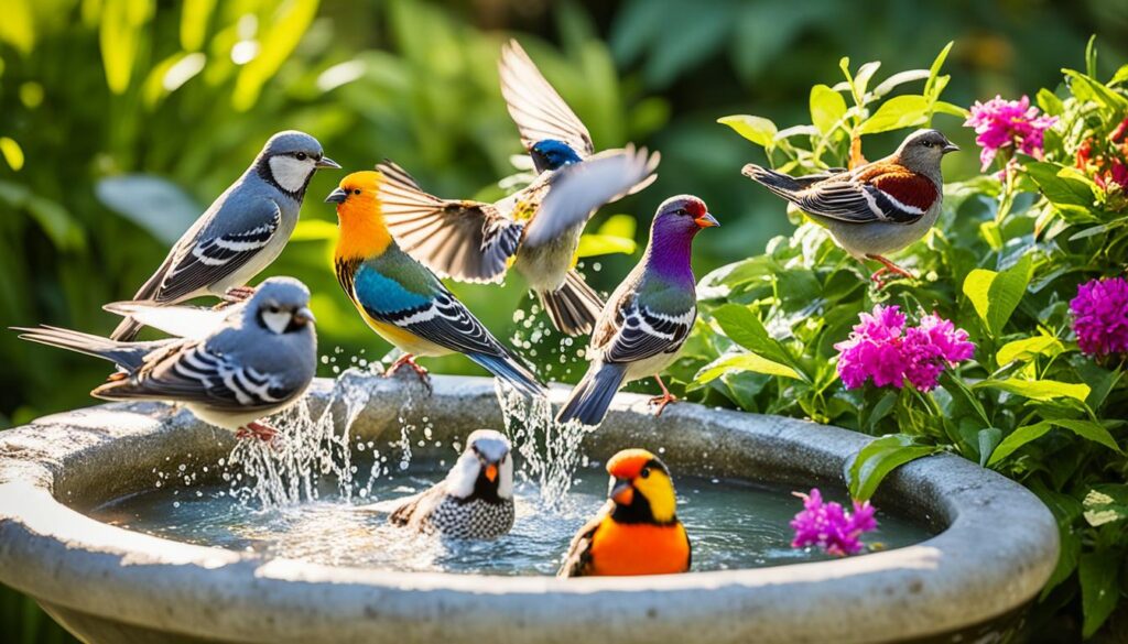 birds bathing in a communal bird bath