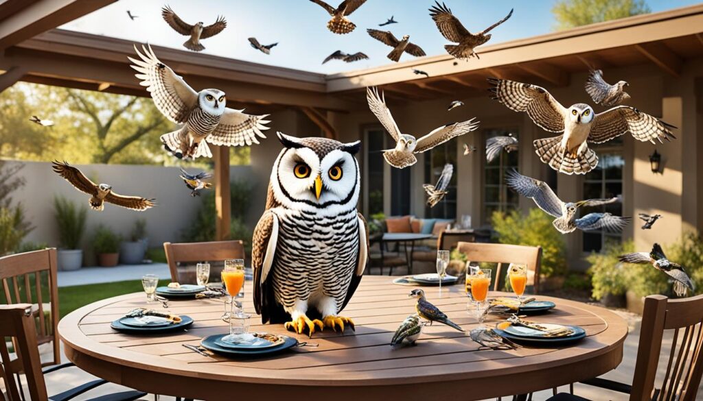 using fake owls and hawks to keep birds off patio