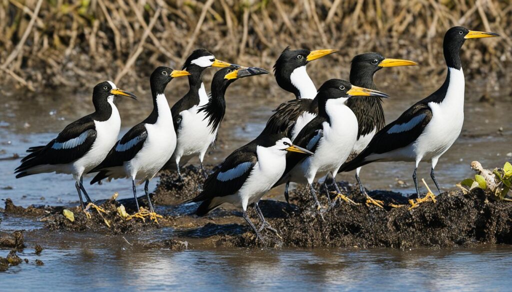 which birds have beaks that are flat and good for shoveling through mud?