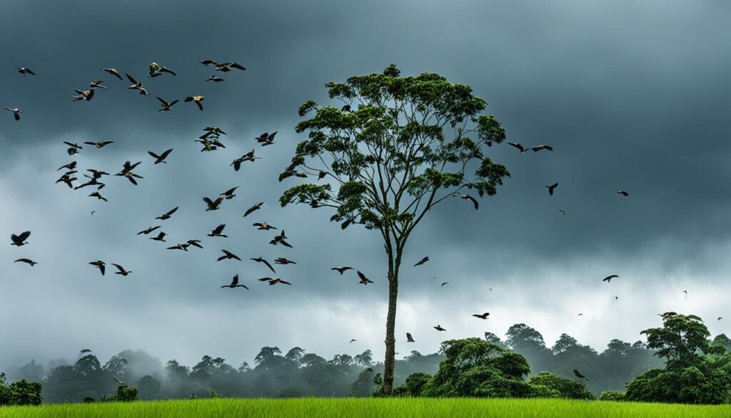 birds foraging before storm