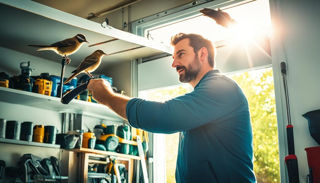 using a long tool to guide birds out of garage