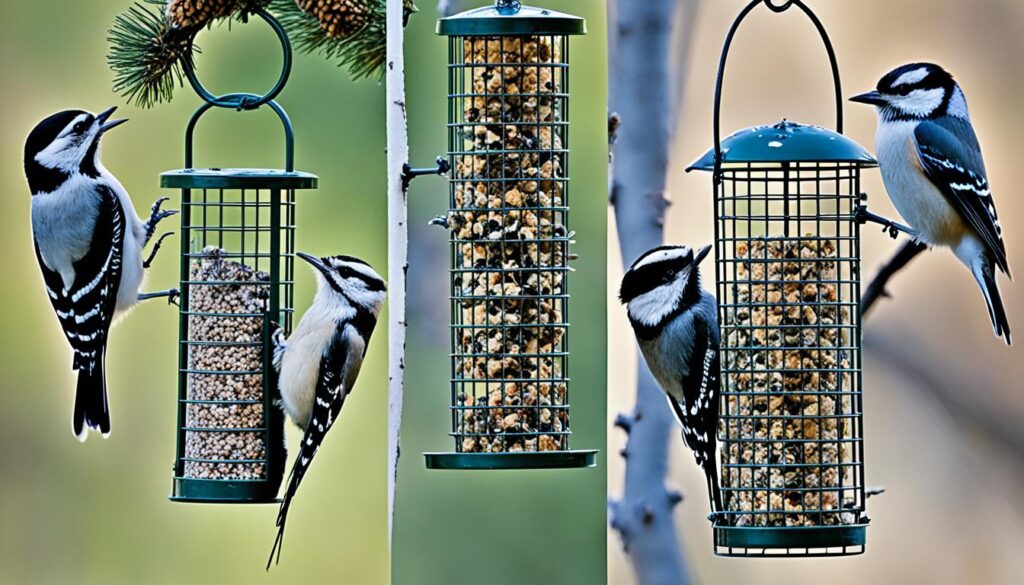 woodpeckers, nuthatches, and chickadees eating suet