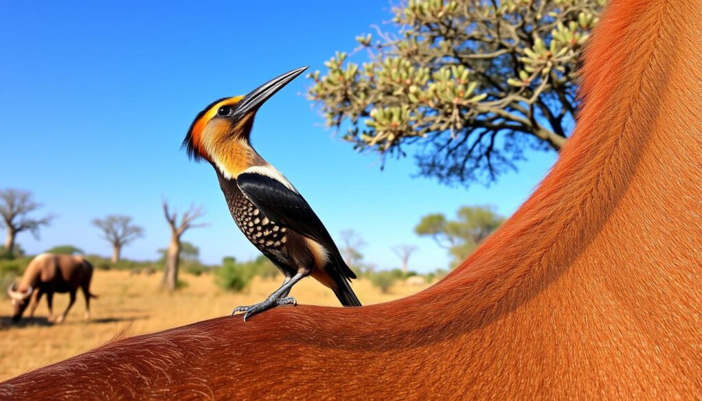 oxpecker feeding on host